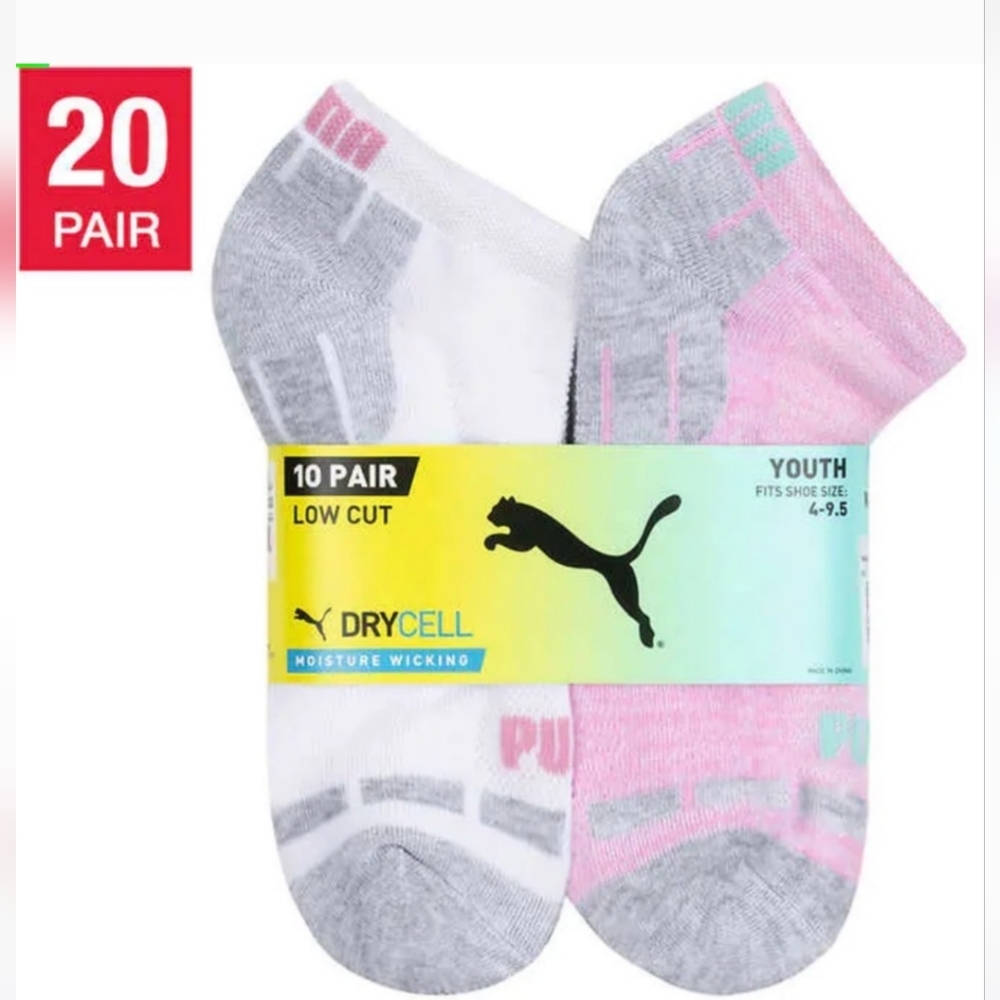 PUMA Youth Low Cut Socks, 20-pair, Pink/White